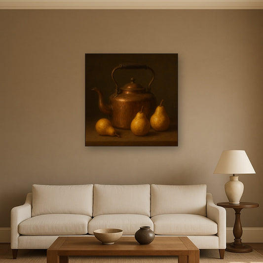 Antique Copper Kettle & Orchard Pears No. 3 Oil Painting Staged Above Sectional Sofa in Living Room, Hand Painted Canvas Wall Art for Home Decor