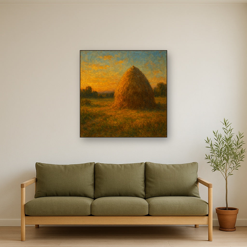 Rustic Countryside Haystack at Sunset No. 4 Oil Painting - Styled in Modern Living Room