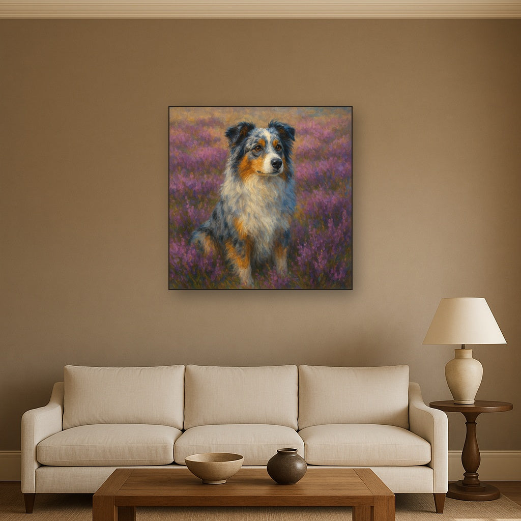 Australian Shepherd in Blooming Heather Field No. 3 Fine Art Oil Painting - View 2