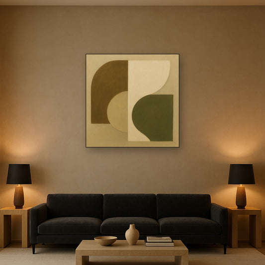 Minimalist Asymmetrical Balance in Raw Umber No. 11 Oil Painting Staged Above Sectional Sofa in Living Room, Hand Painted Canvas Wall Art for Home Decor