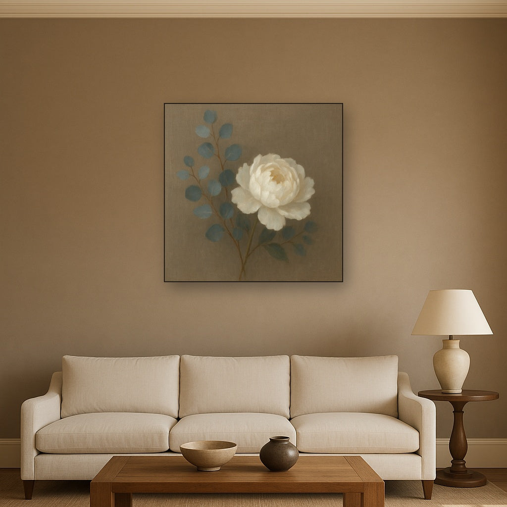 Eucalyptus & White Peony Minimalist Flora No. 4 Fine Art Oil Painting - View 2
