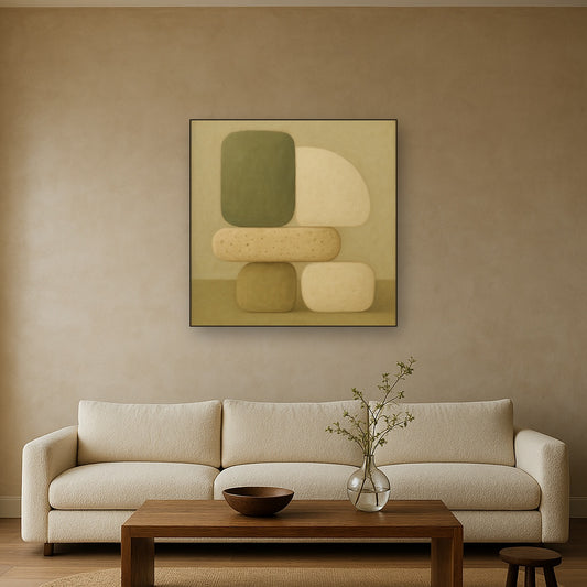 Muted Olive & Sandstone Geometric Balance No. 16 Oil Painting Staged Above Sectional Sofa in Living Room, Hand Painted Canvas Wall Art for Home Decor
