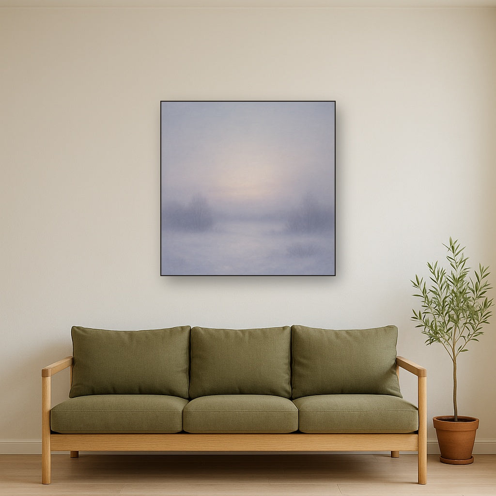 Winter Dawn Frost & Pale Silver Light No. 22 Oil Painting Staged Above Sectional Sofa in Living Room, Hand Painted Canvas Wall Art for Home Decor
