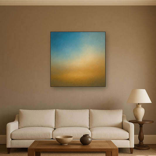 Celestial Azure & Warm Ochre Equilibrium No. 18 Oil Painting Staged Above Sectional Sofa in Living Room, Hand Painted Canvas Wall Art for Home Decor