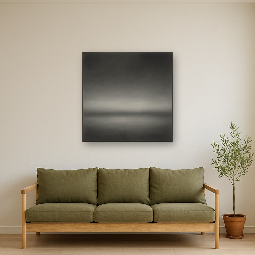 Monochrome Charcoal Drift & Soft Sfumato Horizon No. 15 Oil Painting Staged Above Sectional Sofa in Living Room, Hand Painted Canvas Wall Art for Home Decor