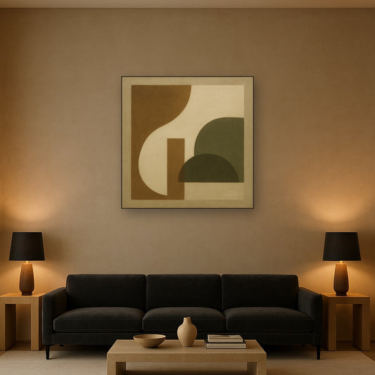 Minimalist Asymmetrical Balance in Raw Umber No. 3 Oil Painting Staged Above Sectional Sofa in Living Room, Hand Painted Canvas Wall Art for Home Decor
