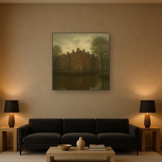 Amsterdam Canal Houses Under Overcast Sky Oil Painting - View 2