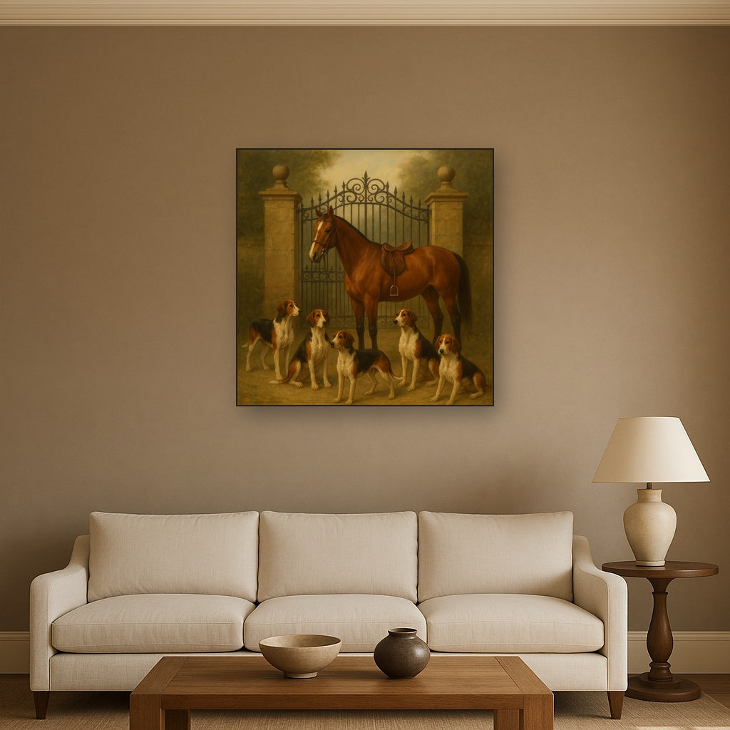 Hunting Hounds & Thoroughbred by Estate Gate No. 17 Oil Painting Staged Above Sectional Sofa in Living Room, Hand Painted Canvas Wall Art for Home Decor