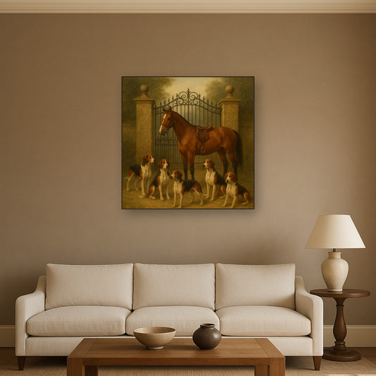 Hunting Hounds & Thoroughbred by Estate Gate No. 17 Oil Painting Staged Above Sectional Sofa in Living Room, Hand Painted Canvas Wall Art for Home Decor