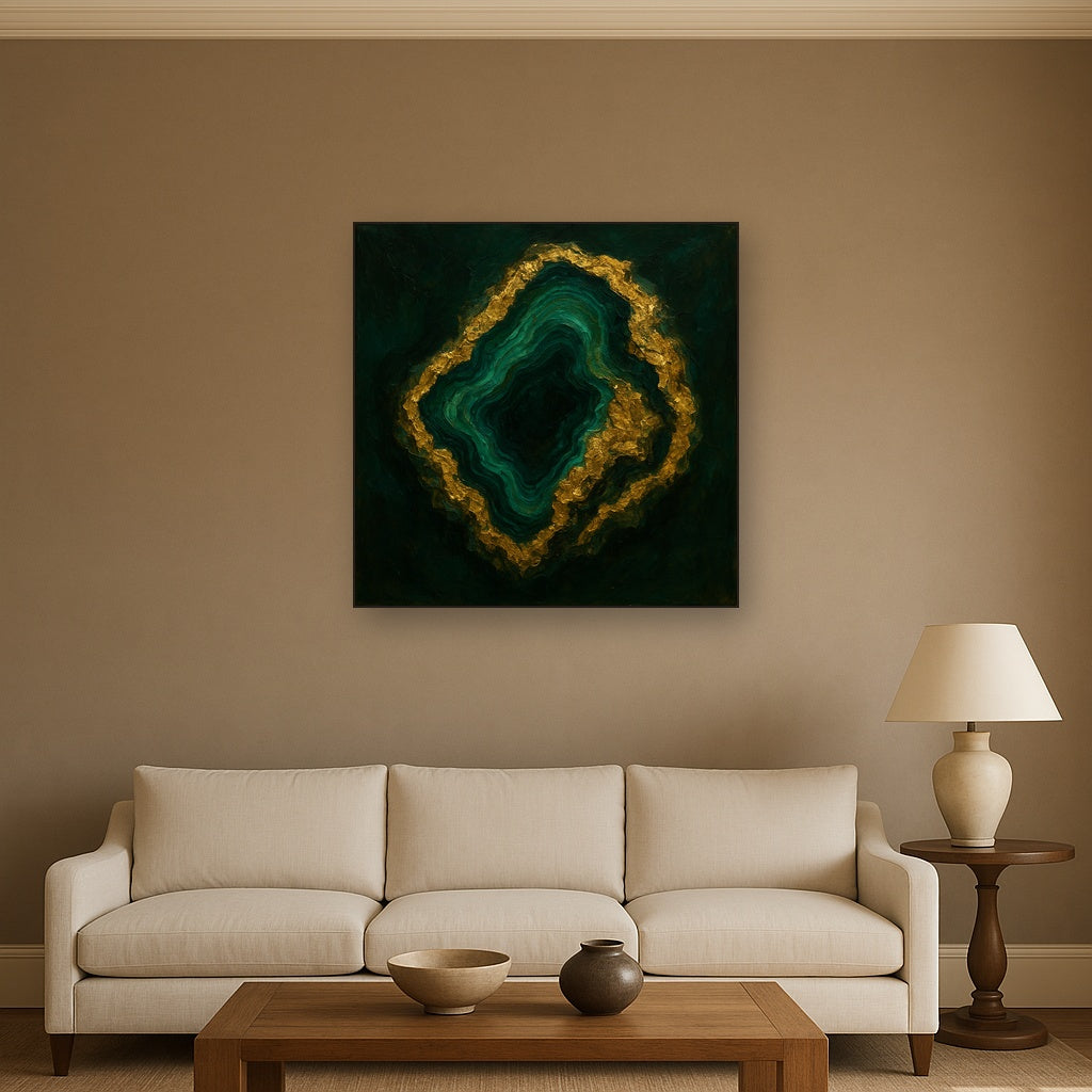 Forest Malachite & Gilded Geode No. 3 Oil Painting - Styled in Modern Living Room