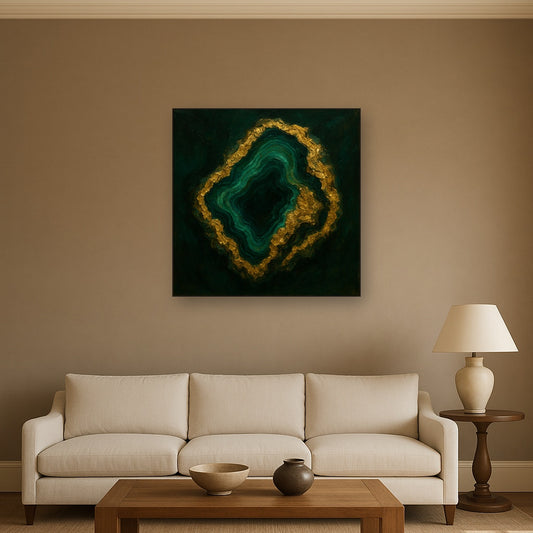 Forest Malachite & Gilded Geode No. 3 Oil Painting - Styled in Modern Living Room
