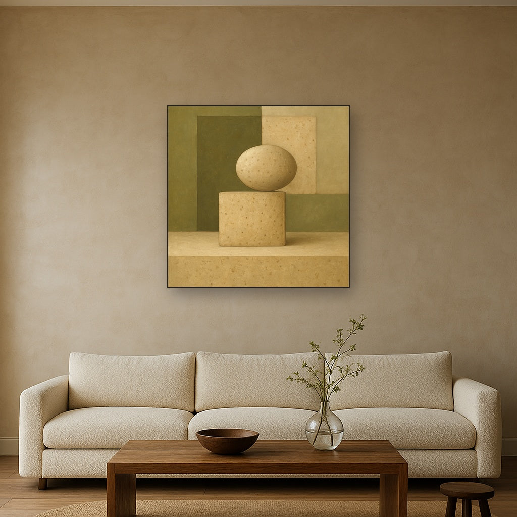 Muted Olive & Sandstone Geometric Balance No. 17 Oil Painting Staged Above Sectional Sofa in Living Room, Hand Painted Canvas Wall Art for Home Decor