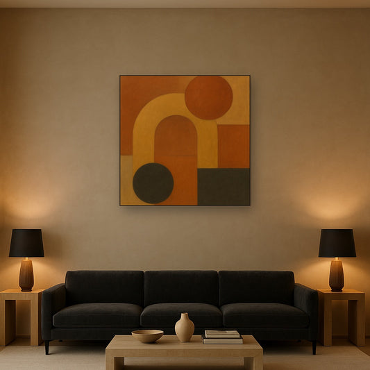 Arch & Circle Equilibrium in Warm Earth Tones No. 7 Oil Painting Staged Above Sectional Sofa in Living Room, Hand Painted Canvas Wall Art for Home Decor
