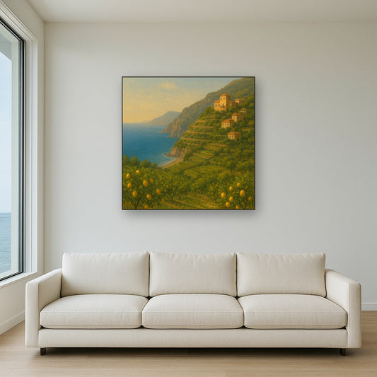 Italian Amalfi Coastline Terraces & Lemon Grove No. 8 Oil Painting Staged Above Sectional Sofa in Living Room, Hand Painted Canvas Wall Art for Home Decor