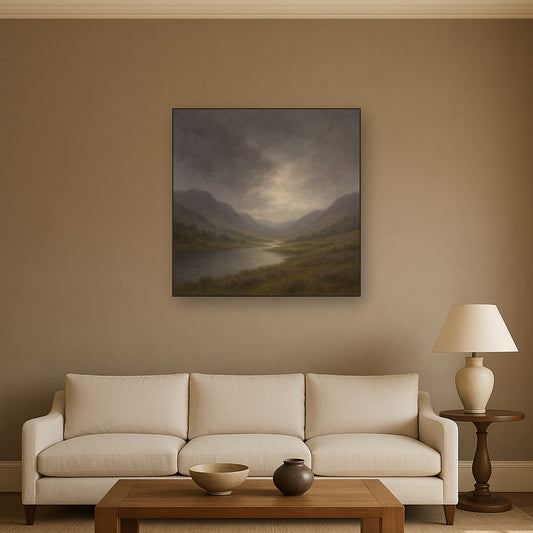 Highland Valley Storm Clearing No. 4 Oil Painting Staged Above Sectional Sofa in Living Room, Hand Painted Canvas Wall Art for Home Decor