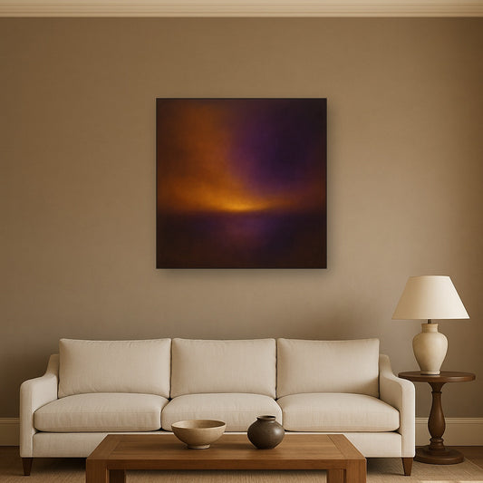 Burnt Amber & Velvet Amethyst Atmosphere No. 14 Oil Painting Staged Above Sectional Sofa in Living Room, Hand Painted Canvas Wall Art for Home Decor