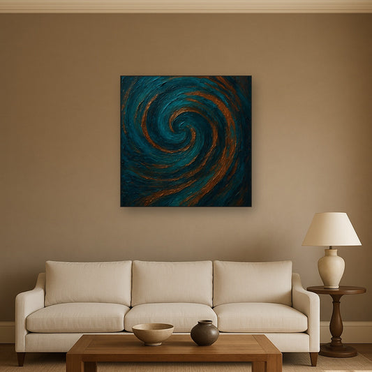 Peacock Teal & Liquid Copper Swirl No. 4 Oil Painting - Styled in Modern Living Room