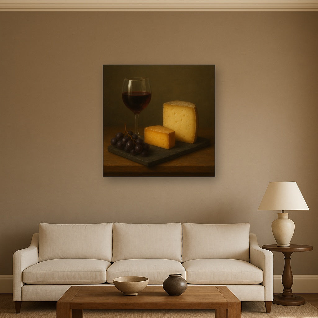 Burgundy Wine Glass & Aged Cheese Board No. 5 Oil Painting - View 2