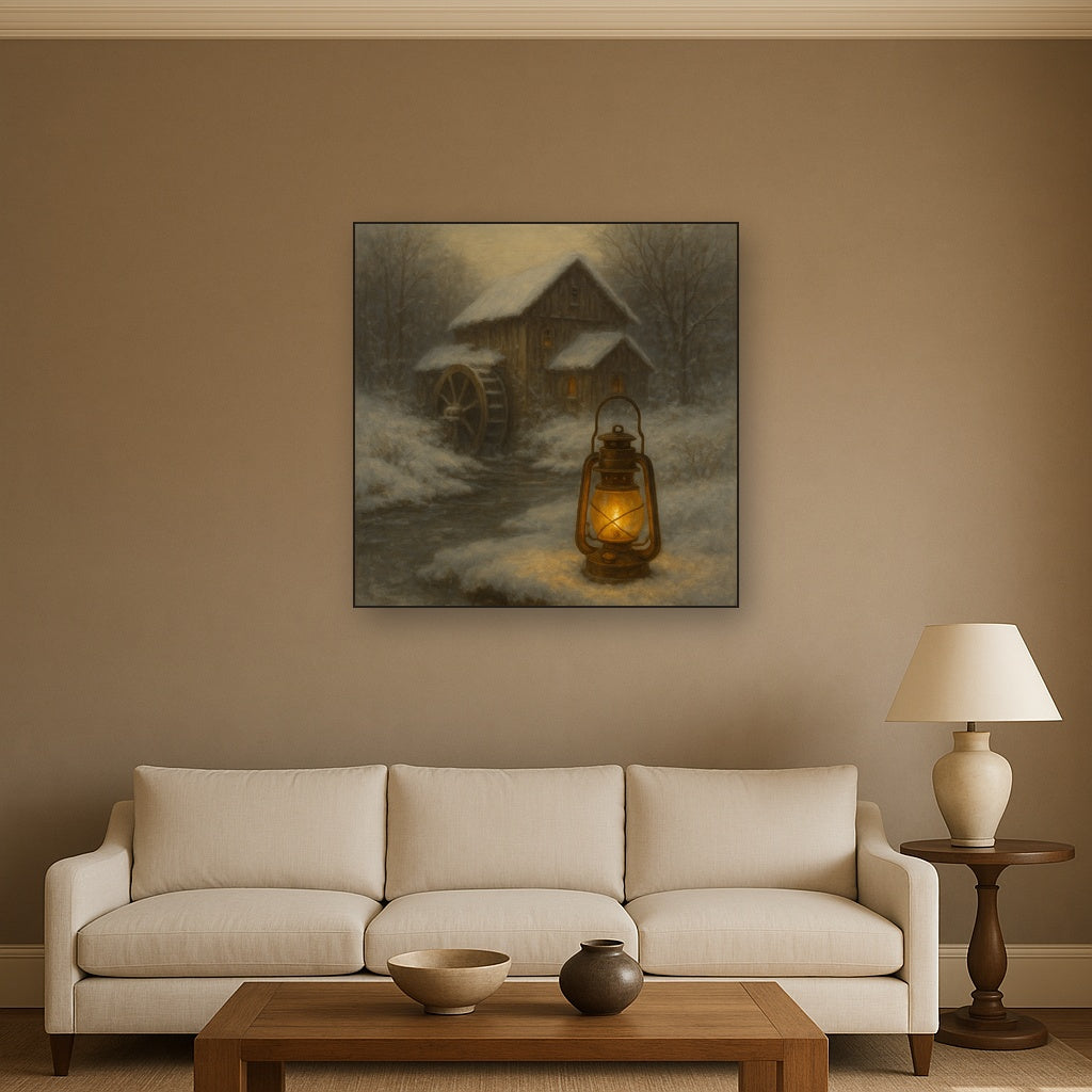 Snowy Mill Stream & Glowing Lantern No. 6 Oil Painting - View 2