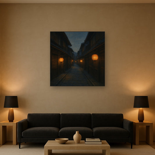 Old Kyoto Gion Alley in Soft Lantern Light No. 14 Oil Painting Staged Above Sectional Sofa in Living Room, Hand Painted Canvas Wall Art for Home Decor