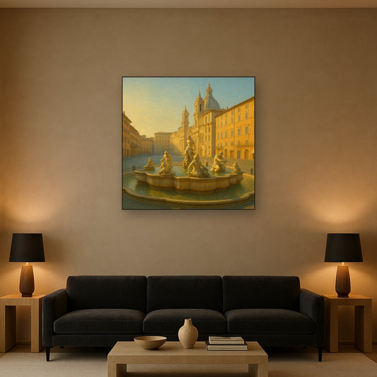 Rome Piazza Fountain in Morning Sunlight No. 26 Oil Painting Staged Above Sectional Sofa in Living Room, Hand Painted Canvas Wall Art for Home Decor