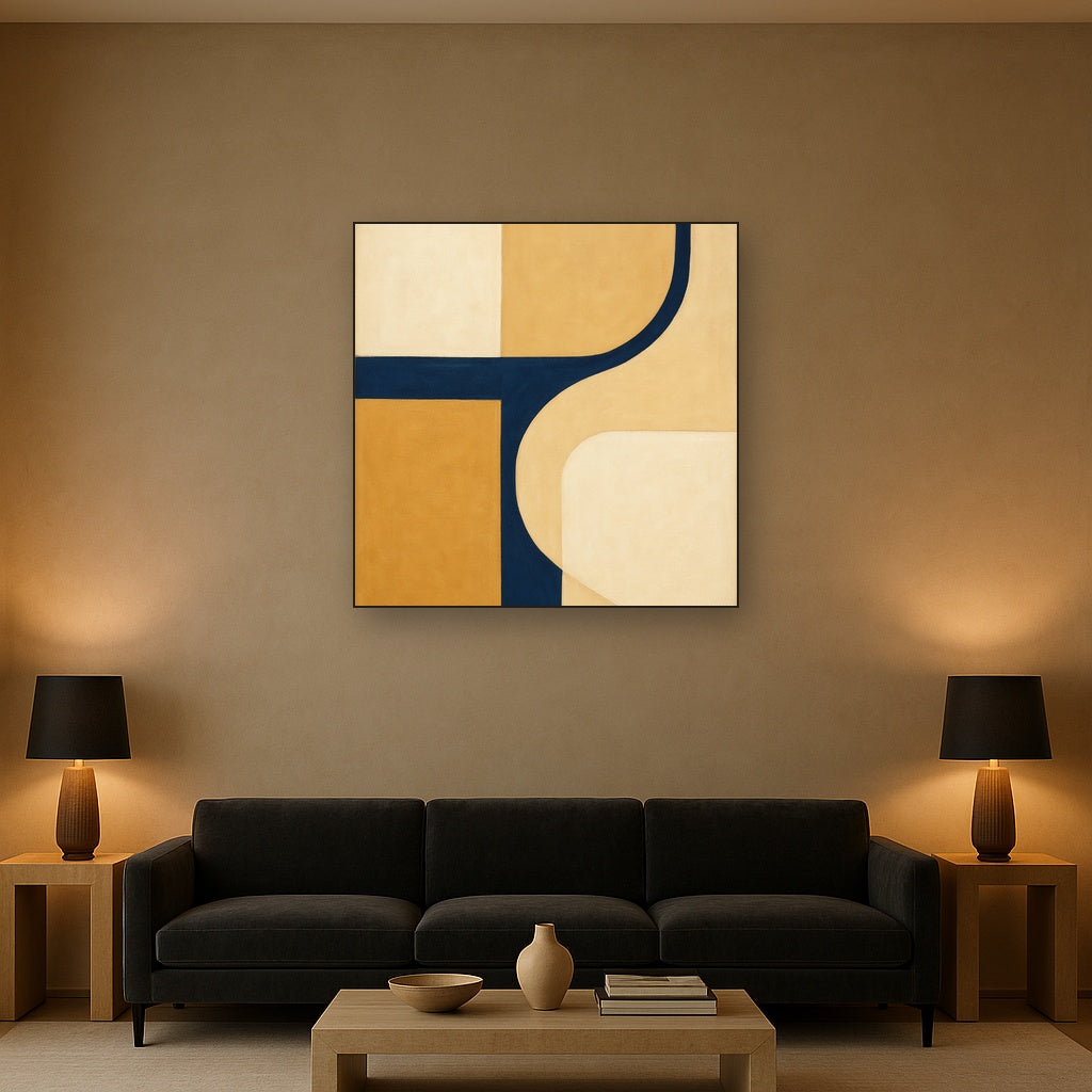 Navy & Warm Beige Geometric Line Balance No. 2 Fine Art Oil Painting - View 2