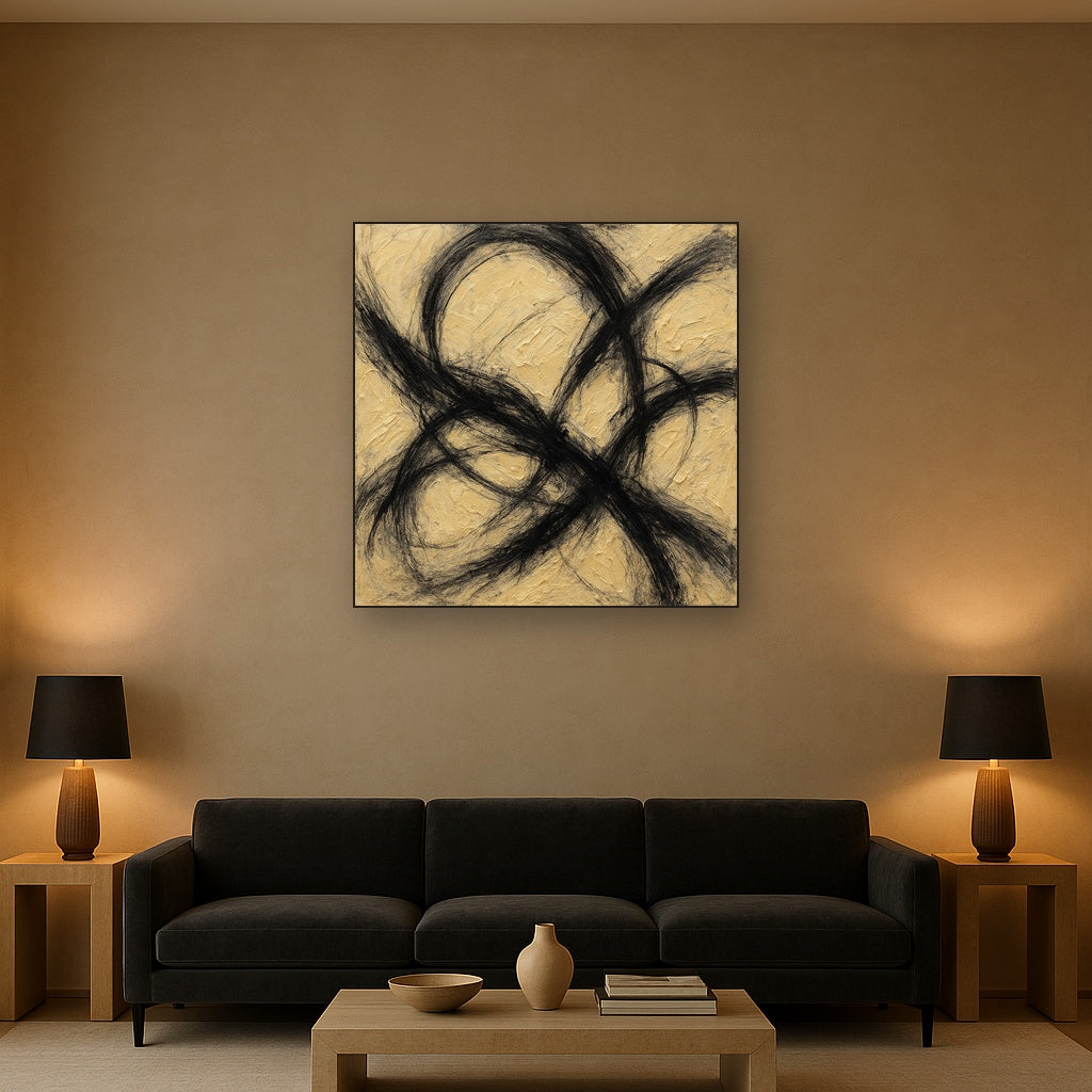 Kinetic Charcoal Surge Modern Abstract Oil Painting - Styled in Modern Living Room