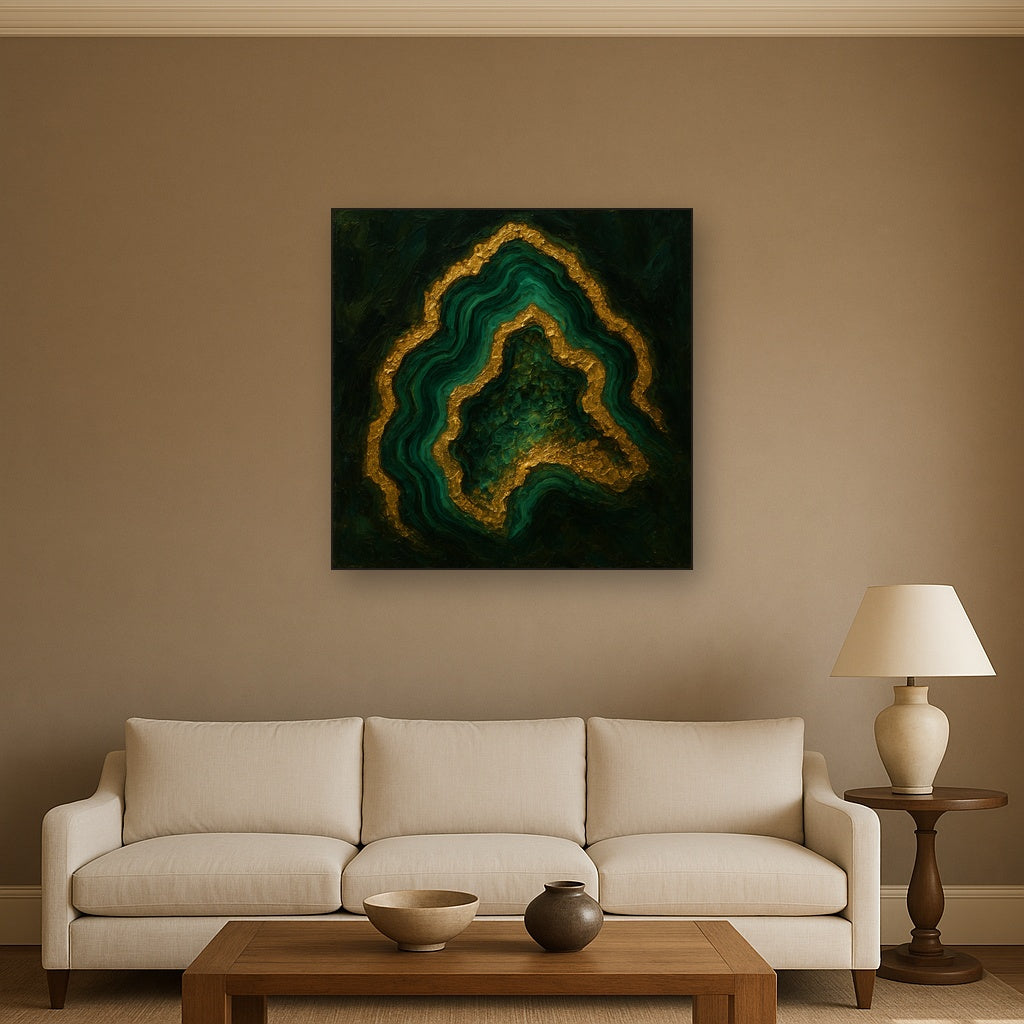 Forest Malachite & Gilded Geode No. 2 Oil Painting - Styled in Modern Living Room