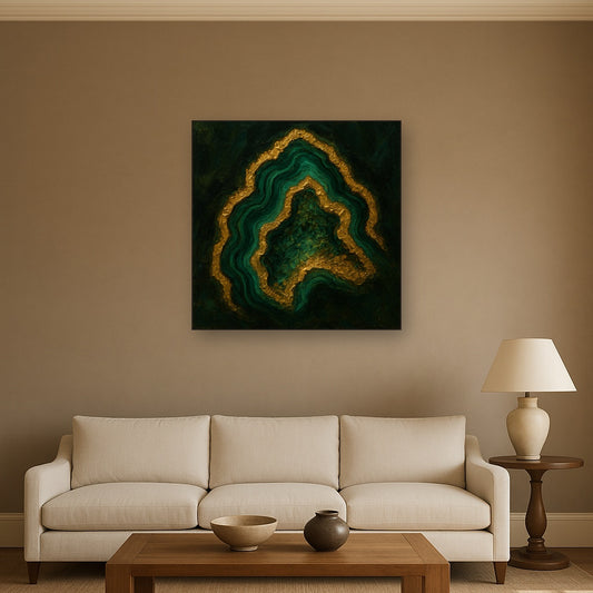 Forest Malachite & Gilded Geode No. 2 Oil Painting - Styled in Modern Living Room