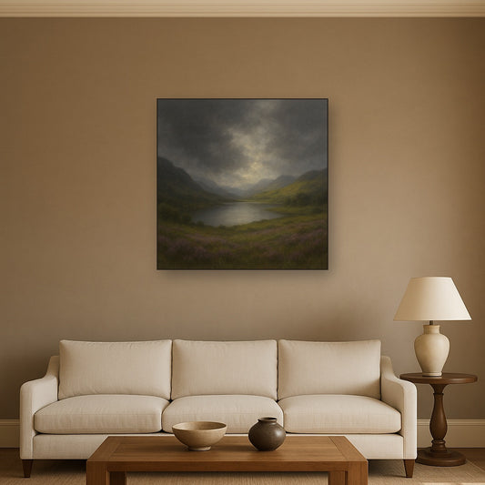 Highland Valley Storm Clearing Oil Painting Staged Above Sectional Sofa in Living Room, Hand Painted Canvas Wall Art for Home Decor