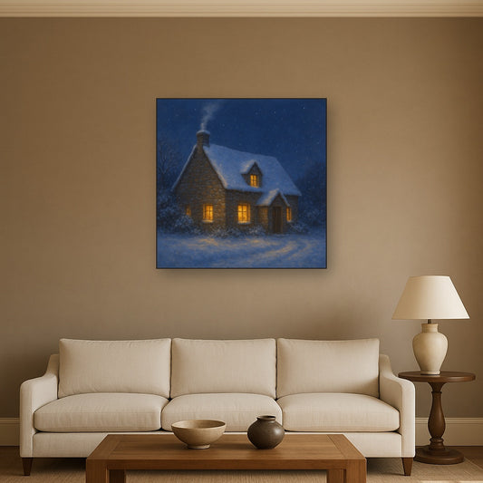 Snow-Dusted Stone Cottage at Twilight No. 6 Oil Painting Staged Above Sectional Sofa in Living Room, Hand Painted Canvas Wall Art for Home Decor