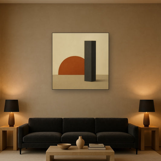 Semicircle Horizon & Minimalist Pillar No. 18 Oil Painting Staged Above Sectional Sofa in Living Room, Hand Painted Canvas Wall Art for Home Decor