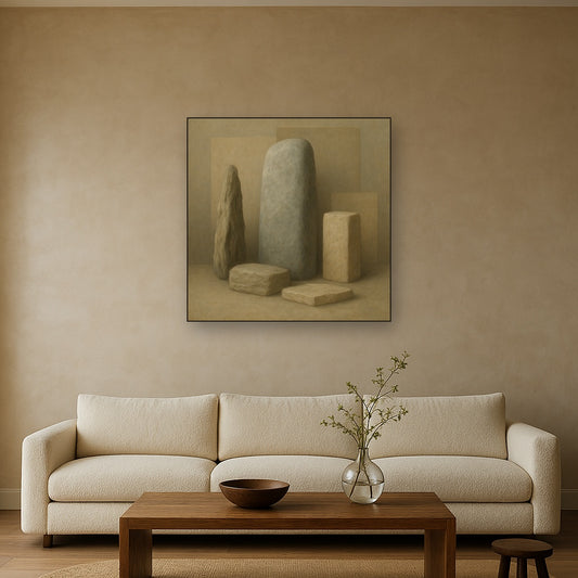 Driftwood Grey & Weathered Stone Monolith No. 14 Oil Painting Staged Above Sectional Sofa in Living Room, Hand Painted Canvas Wall Art for Home Decor