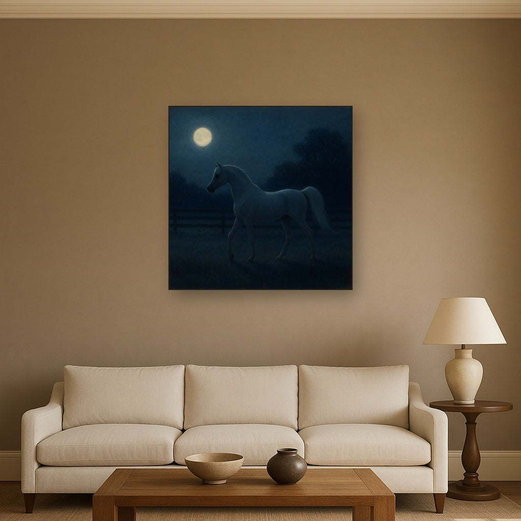 Moonlit Paddock with White Arabian Silhouette No. 3 Oil Painting Staged Above Sectional Sofa in Living Room, Hand Painted Canvas Wall Art for Home Decor