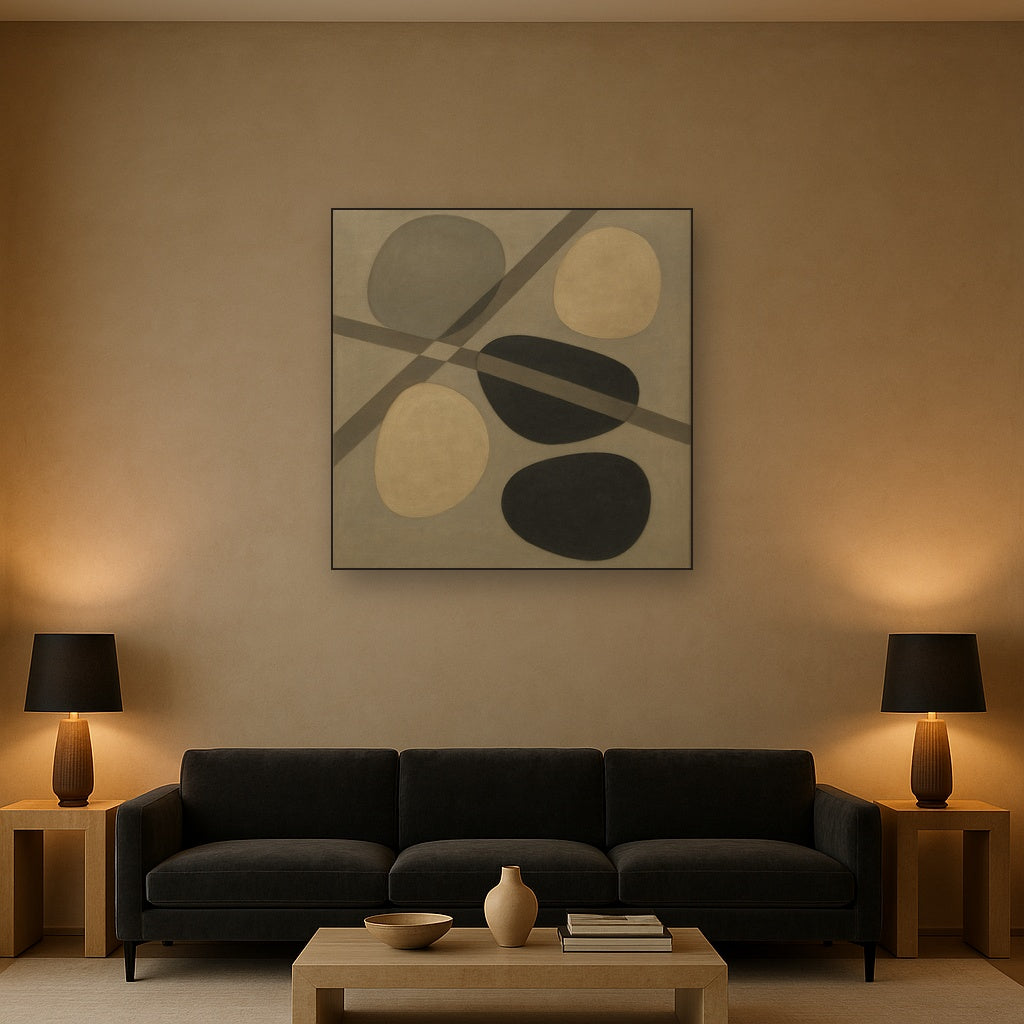 Organic Pebble Contours & Slanted Lines No. 25 Oil Painting Staged Above Sectional Sofa in Living Room, Hand Painted Canvas Wall Art for Home Decor