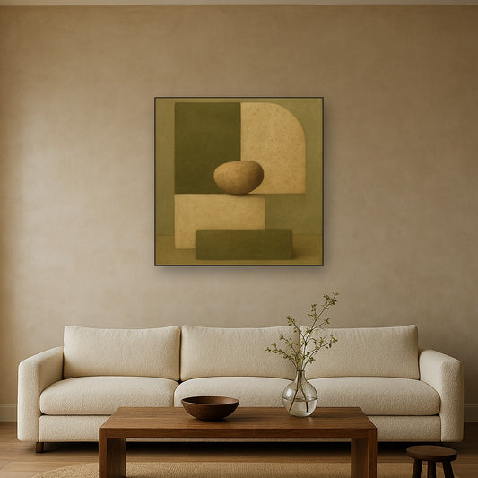 Muted Olive & Sandstone Geometric Balance No. 19 Oil Painting Staged Above Sectional Sofa in Living Room, Hand Painted Canvas Wall Art for Home Decor