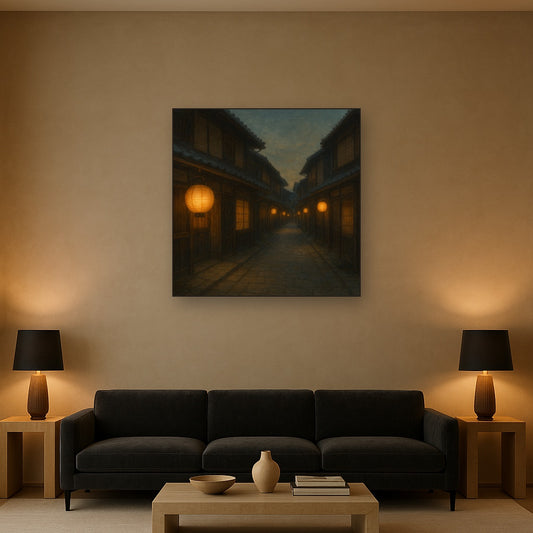 Old Kyoto Gion Alley in Soft Lantern Light No. 27 Oil Painting Staged Above Sectional Sofa in Living Room, Hand Painted Canvas Wall Art for Home Decor