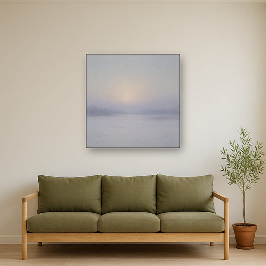 Winter Dawn Frost & Pale Silver Light No. 6 Oil Painting Staged Above Sectional Sofa in Living Room, Hand Painted Canvas Wall Art for Home Decor