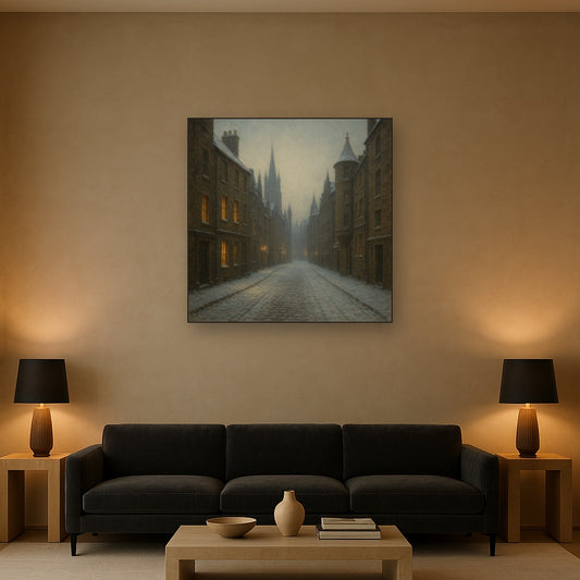 Edinburgh Old Town Royal Mile in Snow No. 27 Oil Painting Staged Above Sectional Sofa in Living Room, Hand Painted Canvas Wall Art for Home Decor