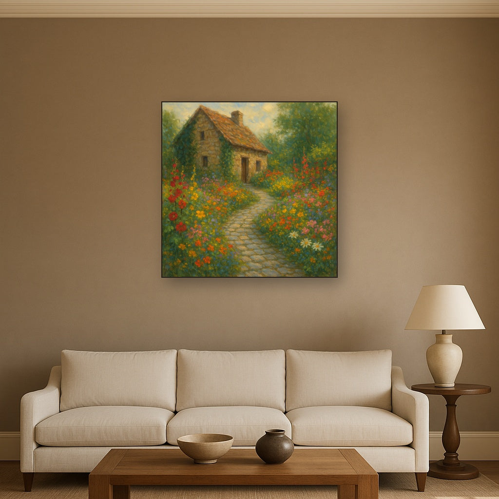 Rustic Stone Cottage Path with Wild Garden Blooms No. 6 Fine Art Oil Painting - View 2
