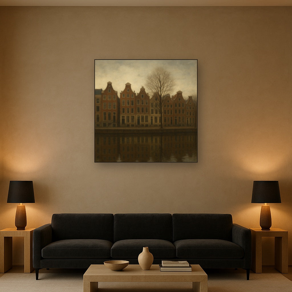 Amsterdam Canal Houses Under Overcast Sky No. 28 Oil Painting Staged Above Sectional Sofa in Living Room, Hand Painted Canvas Wall Art for Home Decor