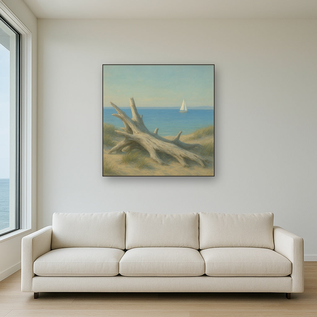 Sun-Bleached Driftwood & Distant Sailboat No. 18 Oil Painting - View 2