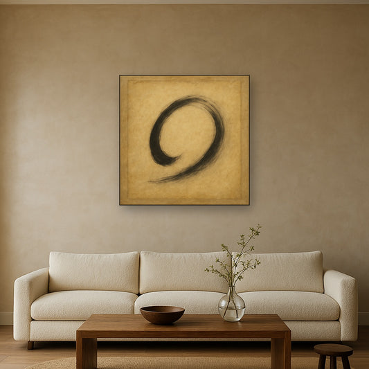 Aged Rice Paper & Charcoal Calligraphic Balance Oil Painting Staged Above Sectional Sofa in Living Room, Hand Painted Canvas Wall Art for Home Decor