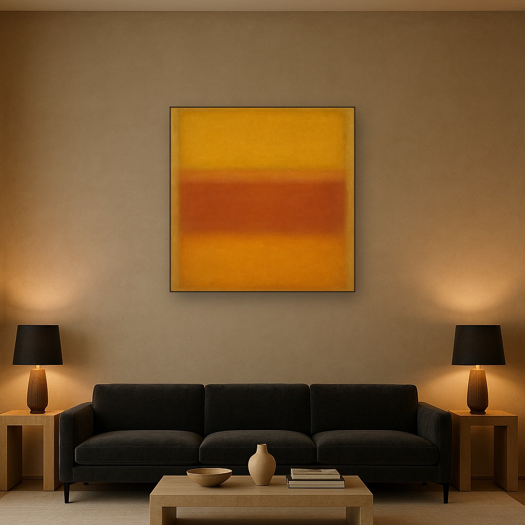 Luminous Ochre & Terracotta Horizon Color Field No. 10 Oil Painting Staged Above Sectional Sofa in Living Room, Hand Painted Canvas Wall Art for Home Decor