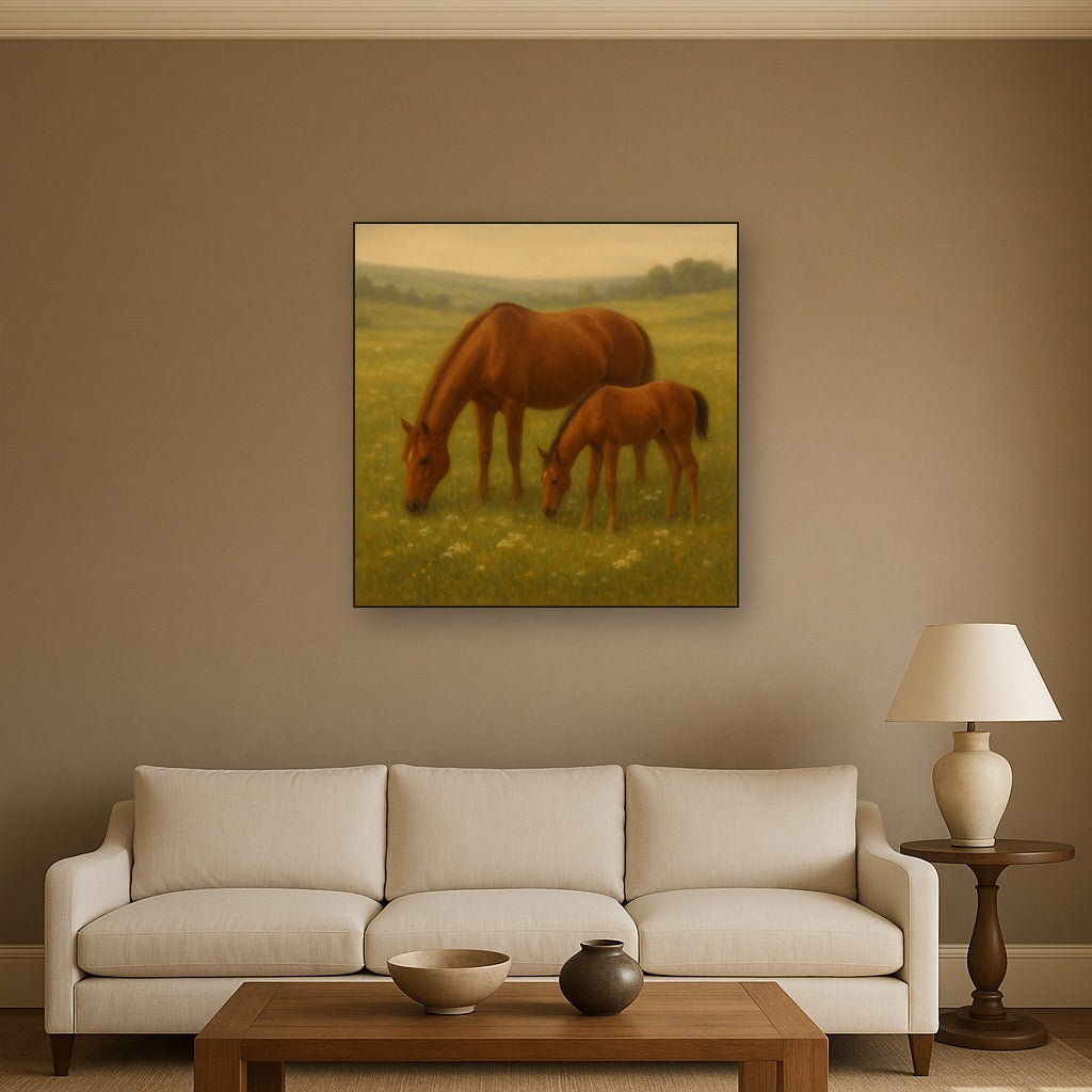 Mares & Foals Grazing in Rolling Meadow No. 16 Oil Painting - View 2