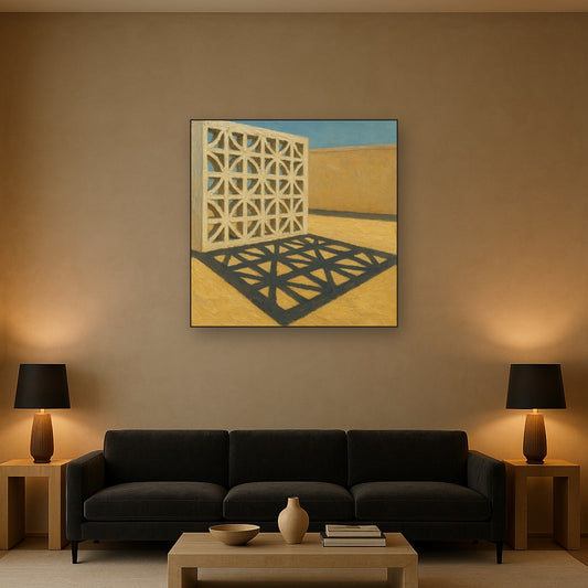 Desert Modern Breeze Block Shadow No. 4 Oil Painting - Styled in Modern Living Room