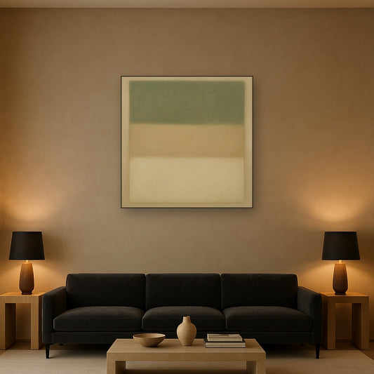 Sage Olive & Pale Sandstone Minimalist Harmony No. 23 Oil Painting Staged Above Sectional Sofa in Living Room, Hand Painted Canvas Wall Art for Home Decor