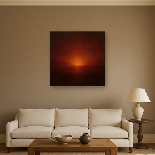 Deep Garnet & Amber Candlelight Horizon No. 13 Oil Painting Staged Above Sectional Sofa in Living Room, Hand Painted Canvas Wall Art for Home Decor