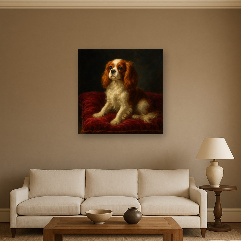 Cavalier King Charles Spaniel on Velvet Cushion No. 14 Fine Art Oil Painting - View 2