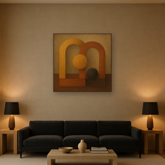 Arch & Circle Equilibrium in Warm Earth Tones No. 22 Oil Painting Staged Above Sectional Sofa in Living Room, Hand Painted Canvas Wall Art for Home Decor